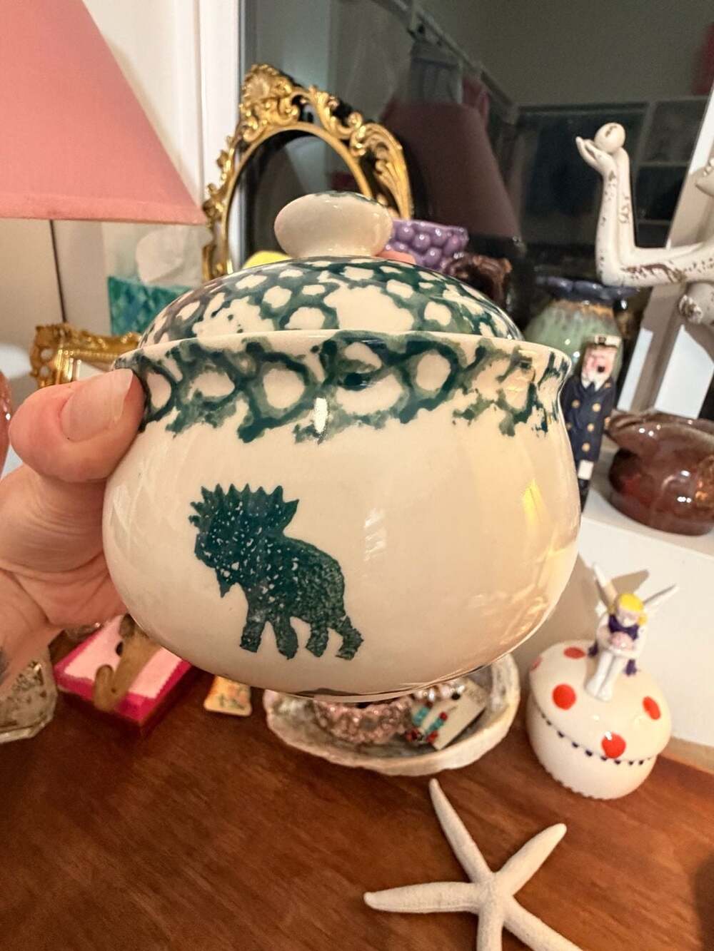 Tienshan Folk Craft Moose Country Sugar Bowl Turned Sewing Pin Jar with Lid